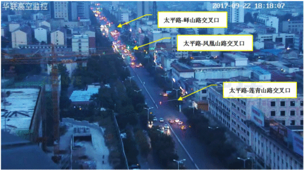 圖11 太平路西往東方向晚高峰時(shí)段高空監(jiān)控畫(huà)面（優(yōu)化后）
