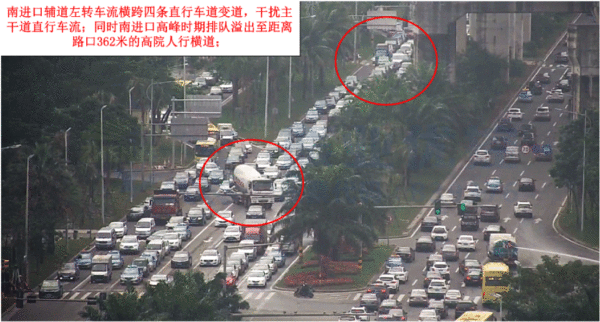 圖4 龍昆南路-城西路交叉口南進(jìn)口輔道橫跨四個(gè)車道進(jìn)行左轉(zhuǎn)以及排隊(duì)長度(優(yōu)化前）