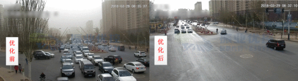 圖16 濱河路-緯三橋東進(jìn)口優(yōu)化前后路口情況