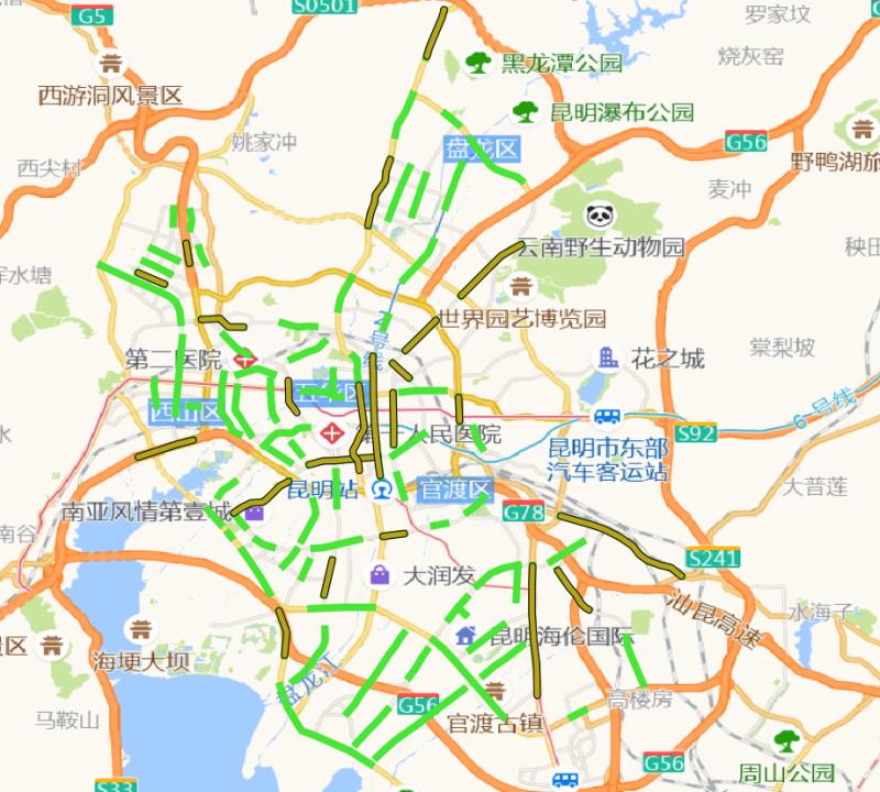 昆明實(shí)施綠波路段圖