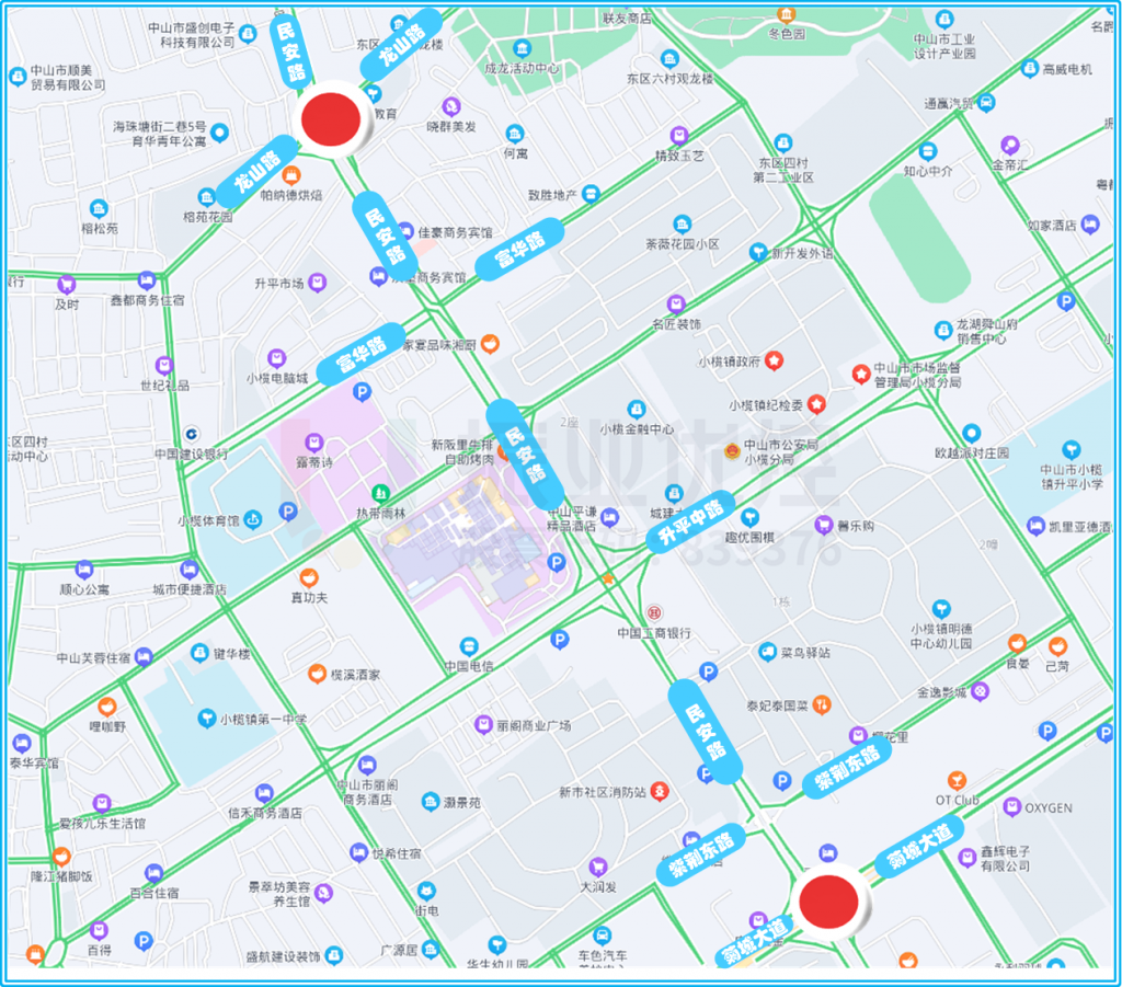圖1 民安路-龍山路、民安路-菊城大道點(diǎn)位圖