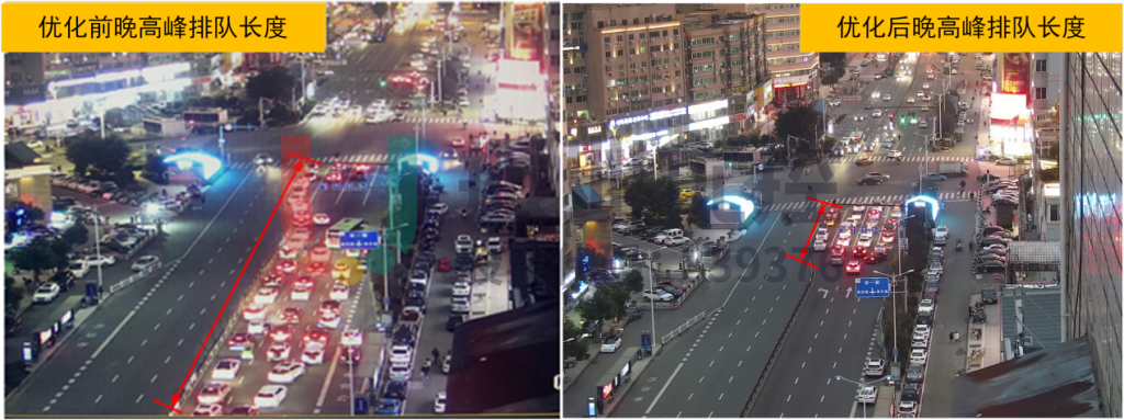 圖12 路口優(yōu)化前后晚高峰車輛排隊(duì)對(duì)比圖